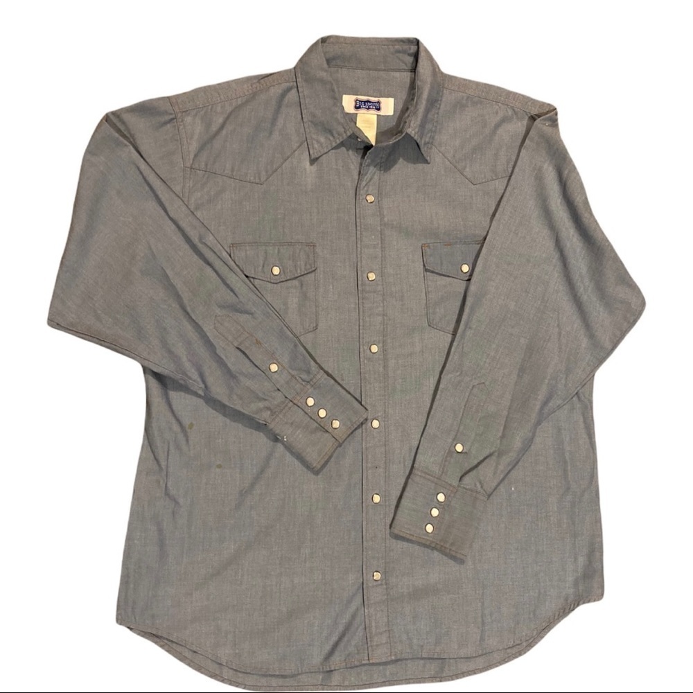 Vintage Big Smith XL? Chambray Long Sleeve Shirt Pearl Snap Front Pockets Blue